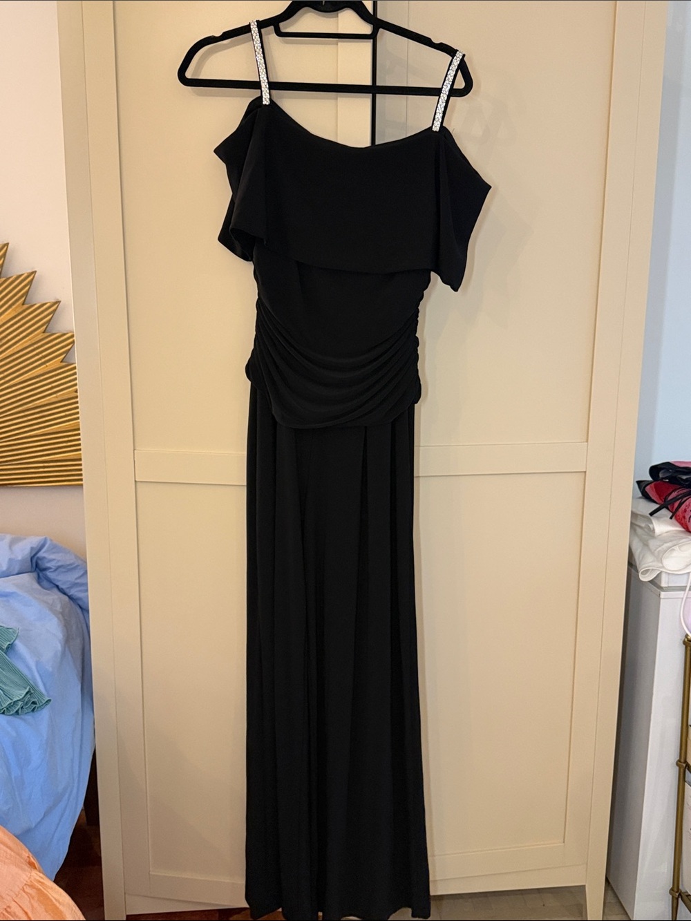 R&M Richards Black Off-Shoulder Maxi Dress with Rhinestone Straps